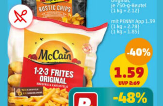 Penny -Mc Cain 1-2-3 Frites je 750g-Packg. oder Rustic Chips, je 500g-Packg.,ab 1,39 € [bis 20.01]