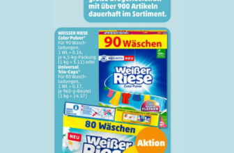 Penny – Weisser Riese Color Pulver, für 90 WL, oder Universal Trio-Caps, für 80WL, nur 13,99 € [bis 20.01]